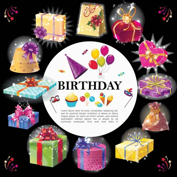 Cartoon Birthday Gifts Round Concept — Stock Vector