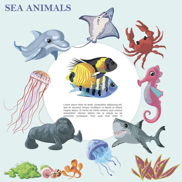 Cartoon Beautiful Sea Animals Round Concept — Stock Vector