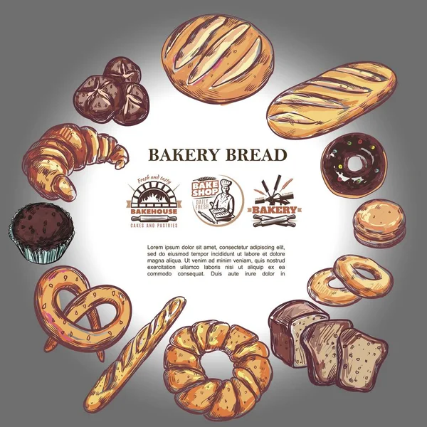 Sketch Bakery produtos conceito redondo — Vetor de Stock