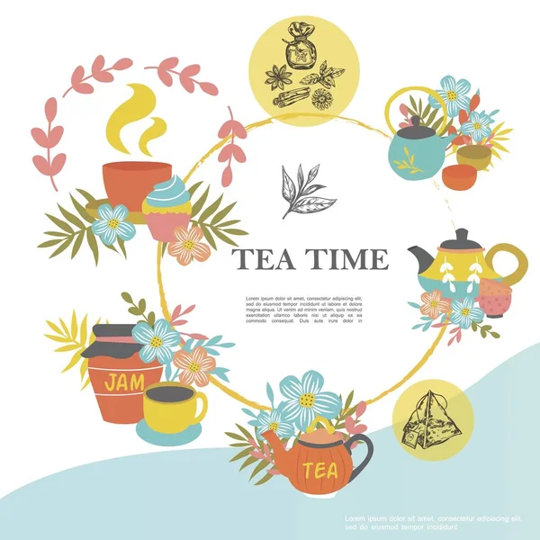 Bosquejo Tiempo de té concepto redondo — Vector de stock