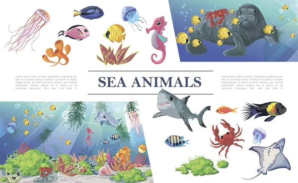 漫画海の動物の組成物 — ストックベクタ