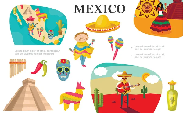 Éléments plats mexicains Composition — Image vectorielle
