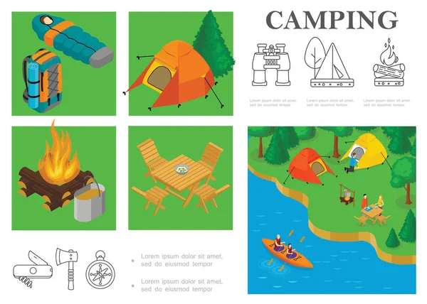 Izometryczny Camping kolorowy skład — Wektor stockowy