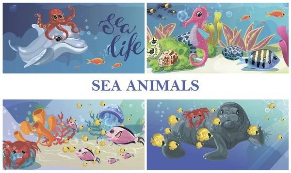 Cartoon Sea Underwater Life Concept — Stock Vector