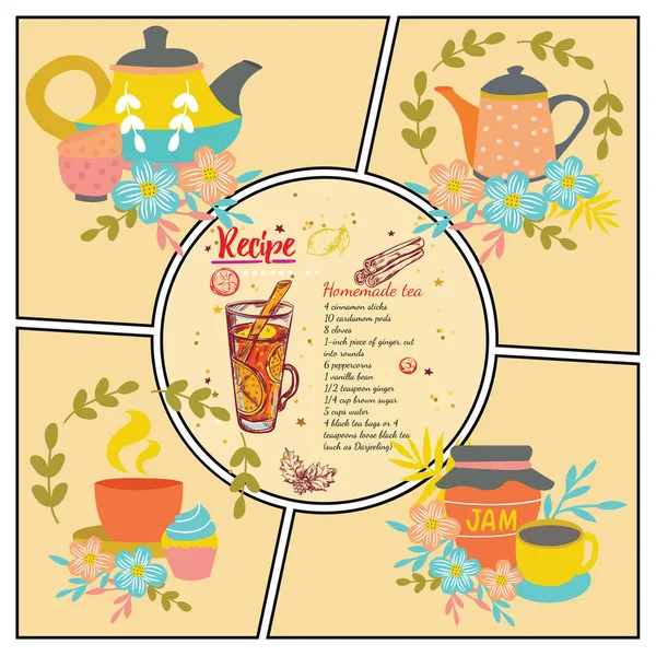 Ricetta di tè disegnato a mano Composizione — Vettoriale Stock