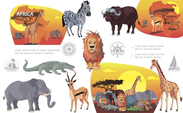 Desenhos animados Africano Savannah Animais Composição —  Vetores de Stock