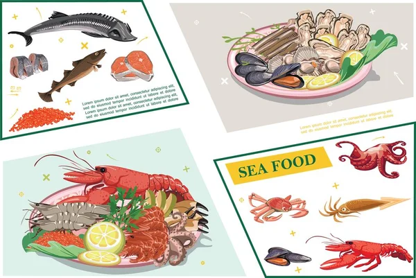 Плоские морепродукты красочная композиция — стоковый вектор