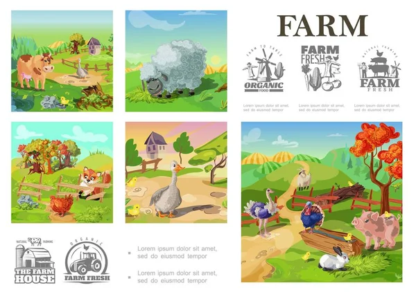 Kreslená zemědělská zvířata barevná kompozice — Stockový vektor