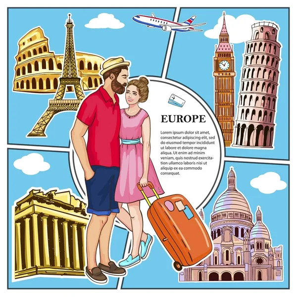 Colorido viaje a Europa Concepto — Vector de stock