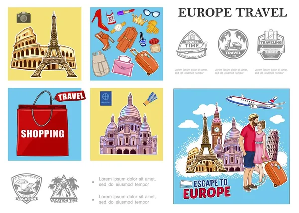 Europa Viajes Composición colorida — Vector de stock