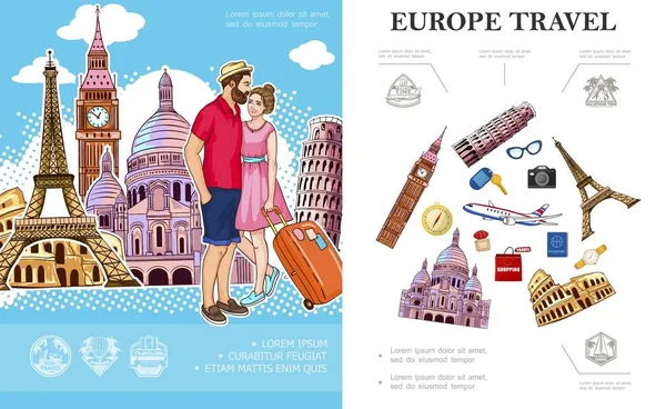 Colorido viaje a Europa Concepto — Vector de stock