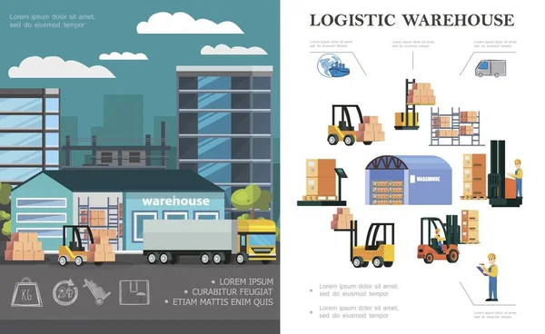 Concepto de logística de almacén plano — Vector de stock