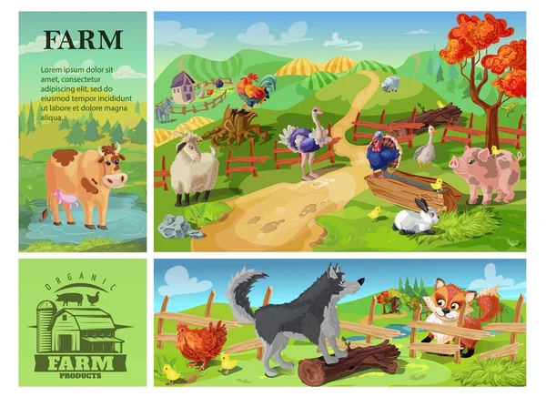 Cartoon Farm Animals Composition — Stock Vector