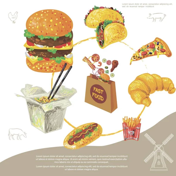 Concetto rotondo di fast food disegnato a mano — Vettoriale Stock