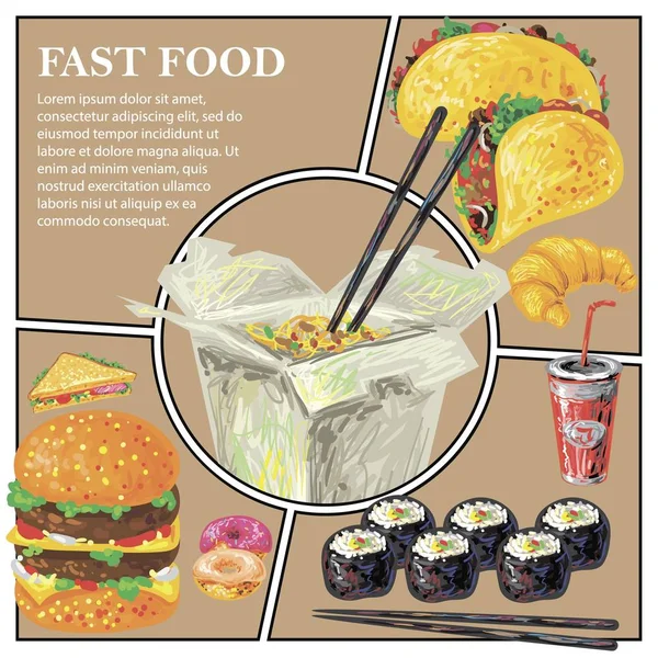 Disegno Fast Food Composizione colorata — Vettoriale Stock
