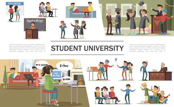 Estudiantes planos en composición universitaria — Vector de stock