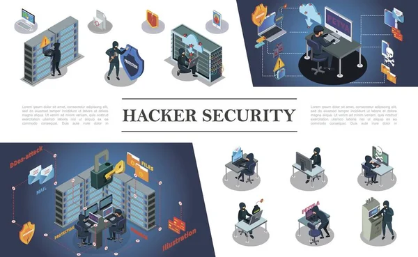 Composição de atividade de hacking isométrico Ilustrações De Stock Royalty-Free