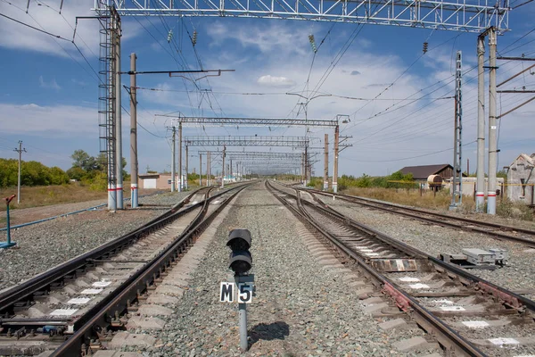 Ferrovia Che Estende Verso Orizzonte Sotto Cielo Blu — Foto Stock