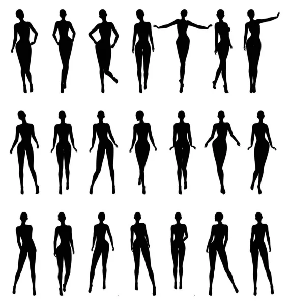 Naked Female Silhouette Fashion Model Pose Set Vector Illustration — Stock Vector