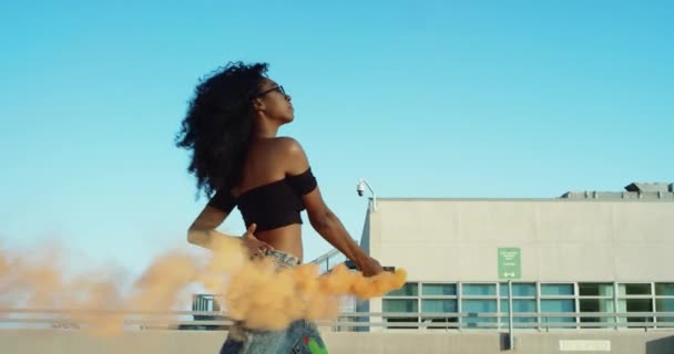 Slow Motion Shot Energetic Happy Woman Dancing Smoke Grenade — Stock Video
