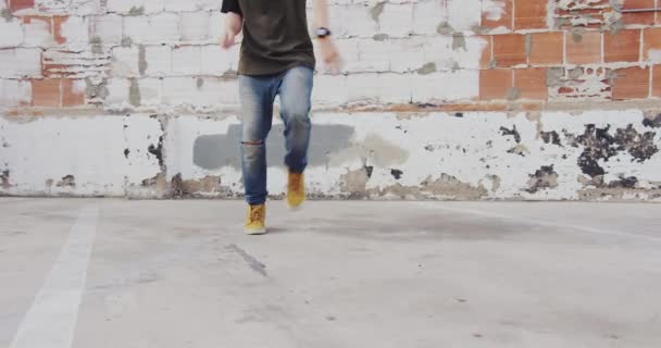 Young Man Dancing Hip Hop City Street Front Brick Wall — Stock Video