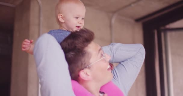 Young Millennial Father Baby Daughter Shoulders Laughing Smiling Together Modern — 비디오