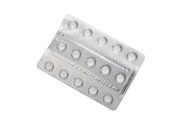 Medicinsk Piller Silver Blisterförpackningar Isolerad Vit Bakgrund — Stockfoto