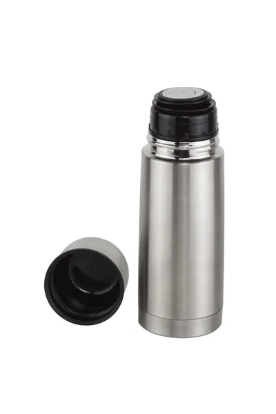 Thermos Bouteille Inoxydable Voyage Sur Fond Blanc — Photo