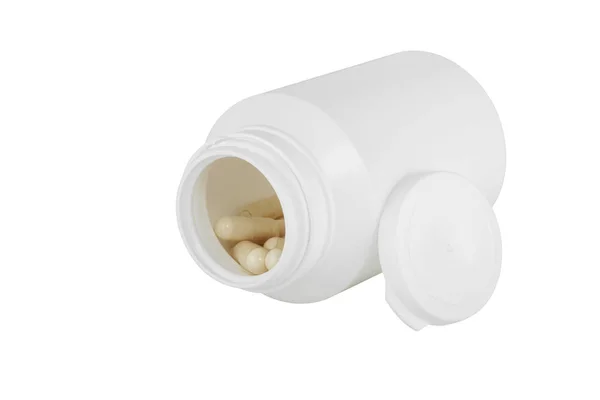 Pills Plastic White Medicine Bottle Isolated White Background — Stock Photo, Image