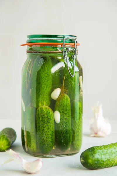 Pickled cucumbers in a glass jar with garlic, horseradish and dill on a white background. Salted cucumber in a jar isolated. Fermented cucumbers.