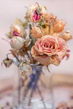 Solgun gül buketi olan cam bir vazo. Sanat fotoğrafçılığı. Güller ahşap bir masa üzerinde dekorasyon çiçekler. Çiçek duvar kağıdı bulanık arka plan. Tonlu görüntü. Makro. Closeup. Yumuşak odaklama.