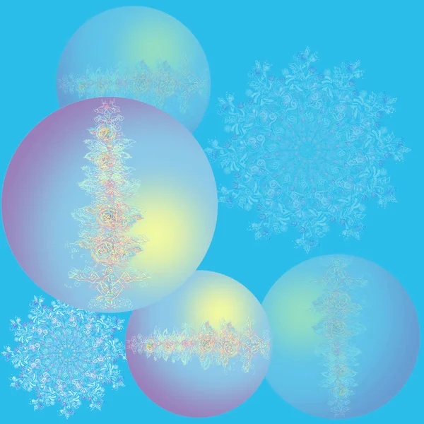 아름다운 빛나는 크리스마스 공 눈송이. 새해 복 야 카드입니다. 꽃과 오픈 워크 이미지와 파란색 공입니다. 파란색 배경 — 스톡 사진