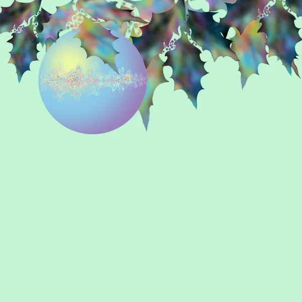 Esfera brilhando com um ramo de azevinho para umas férias. Feliz Ano Novo. Bola brilhante com a flor e imagem openwork. Contexto — Fotografia de Stock