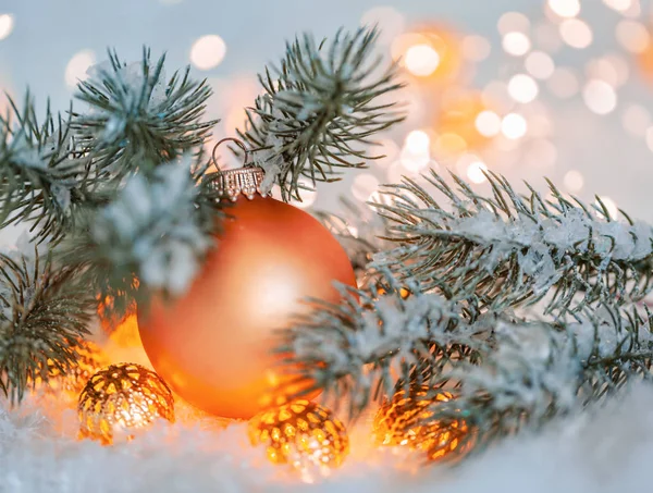 Carte Voeux Noël Nouvel Belle Boule Orange Branches Pin Une — Photo