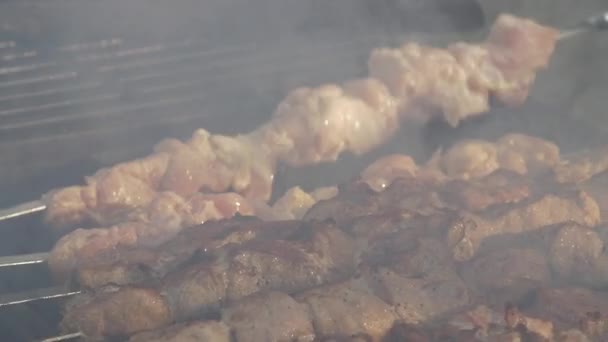 Mužské Ruce Otáčející Špejlemi Shish Kebab Vepřové Nebo Jehněčí Maso — Stock video