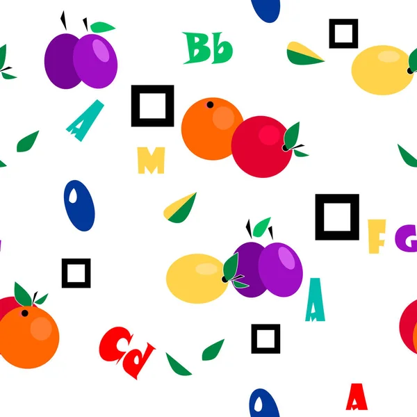 Seamless cartoon fruits and alphabet on white background