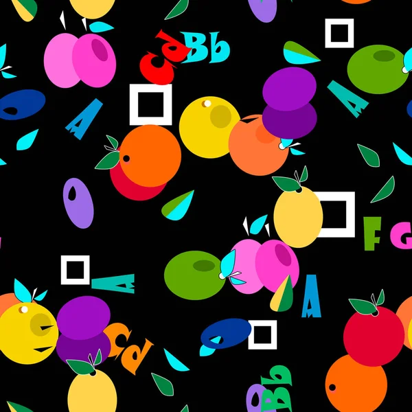 Seamless cartoon fruits and alphabet on black background