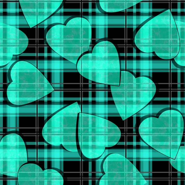 Seamless Valentines Day green hearts black ckeckered plaid pattern background