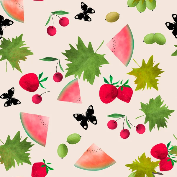 Seamless Fruits Berries Watercolor Cartoon Cute Dark Beige Pattern