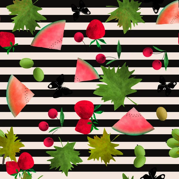 Seamless Fruits Berries Watercolor Cartoon Cute Striped Pattern