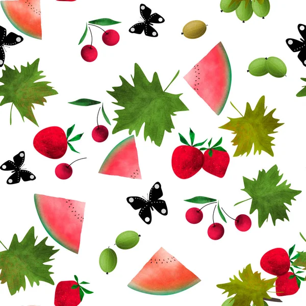 Seamless Fruits Berries Watercolor Cartoon Cute White Pattern