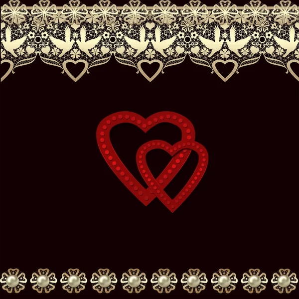 Seamless golden lace hearts frame retro vintage lacy pattern black background