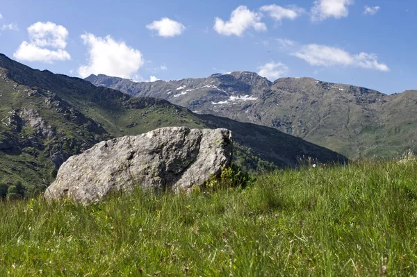 Une grande pierre de granit reposant sur une prairie avec les Alpes en arrière-plan — Photo
