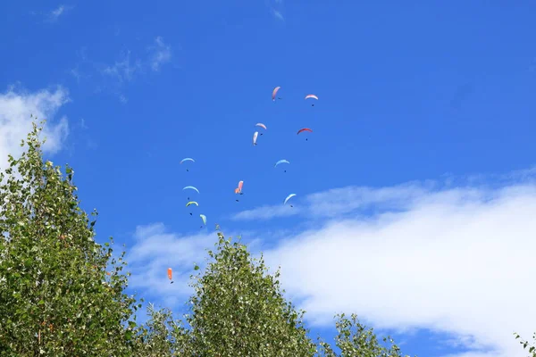 A group of paratroopers fly paragliding over the Italian Alps — Stock Photo, Image