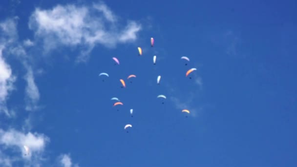 Siklóernyős ejtőernyősök raj repül a feláramlásoknak köszönhetően. — Stock videók