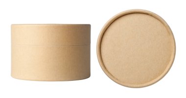 Beyaz arka plan üzerinde izole yuvarlak kahverengi kağıt kutular