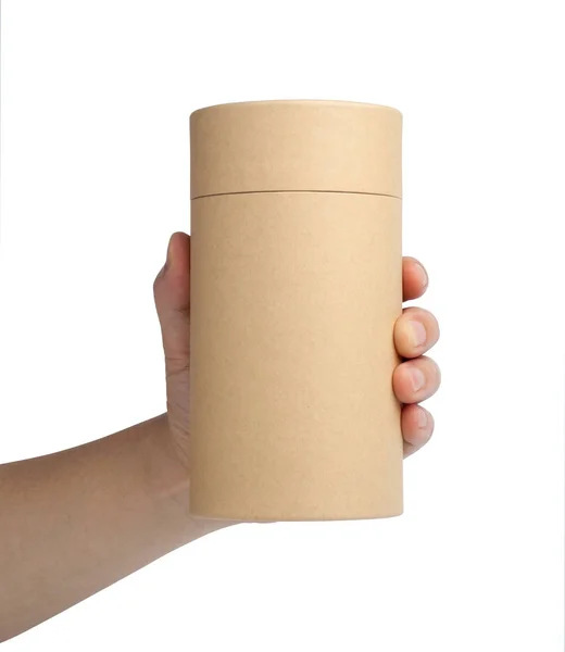 Man Hand Holding Brown Paper Tube Isolated White Background — Stock Photo, Image