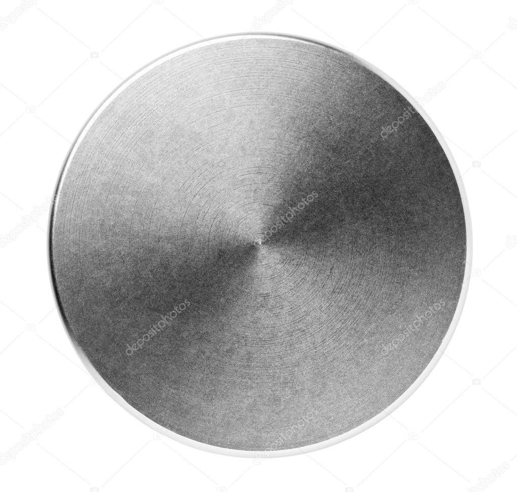 Round brushed stainless steel lid isolated on white background
