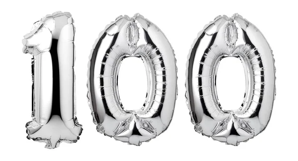 Número 100 Balões Prata Isolados Num Fundo Branco — Fotografia de Stock