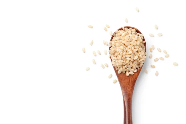 Brown Rice Wooden Spoon Isolated White Background — Stock Photo, Image